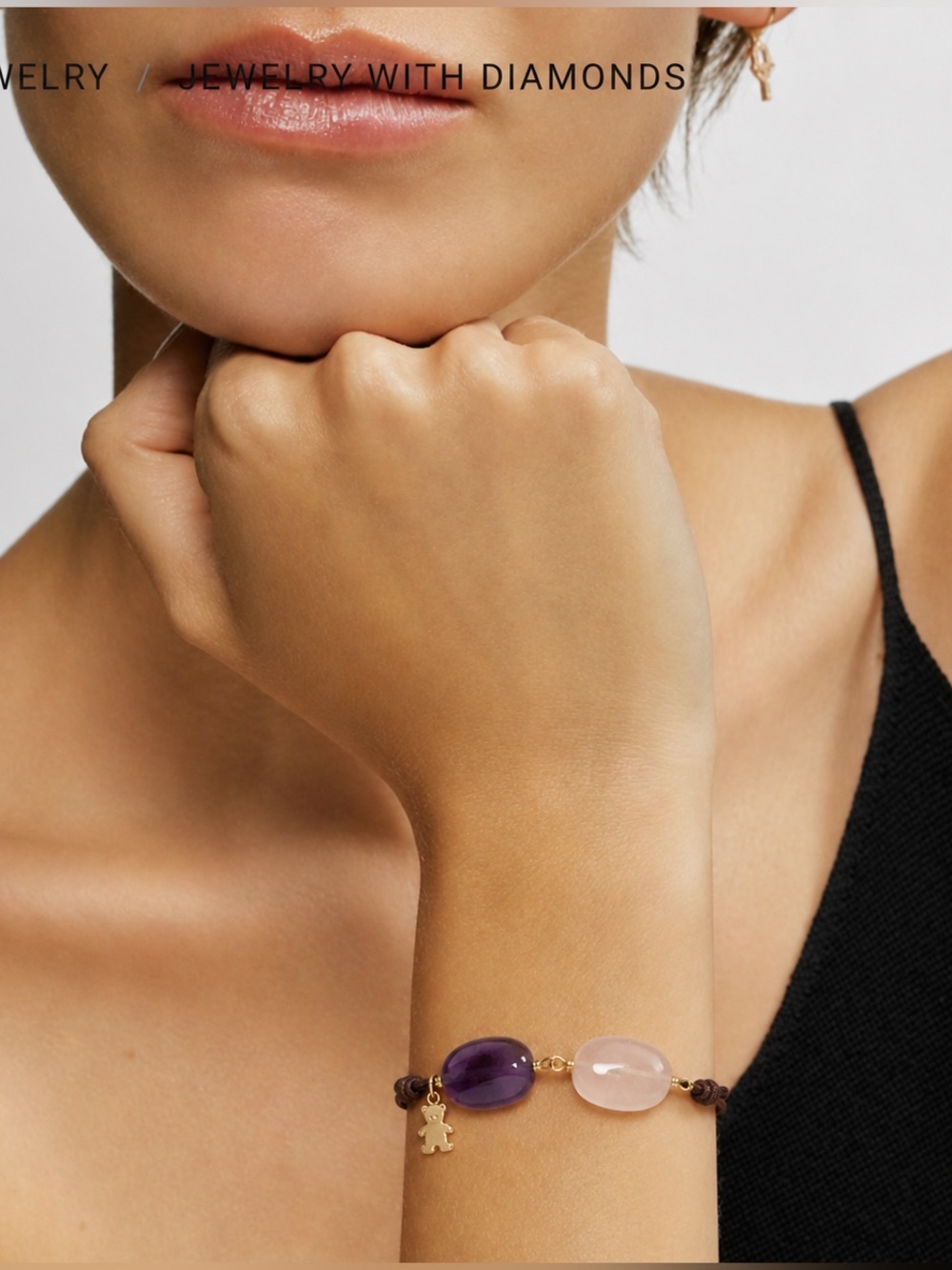 TOUS Gemstone Cord Bracelet Brown Adjustable Bear Charm Amethyst Rose Quartz